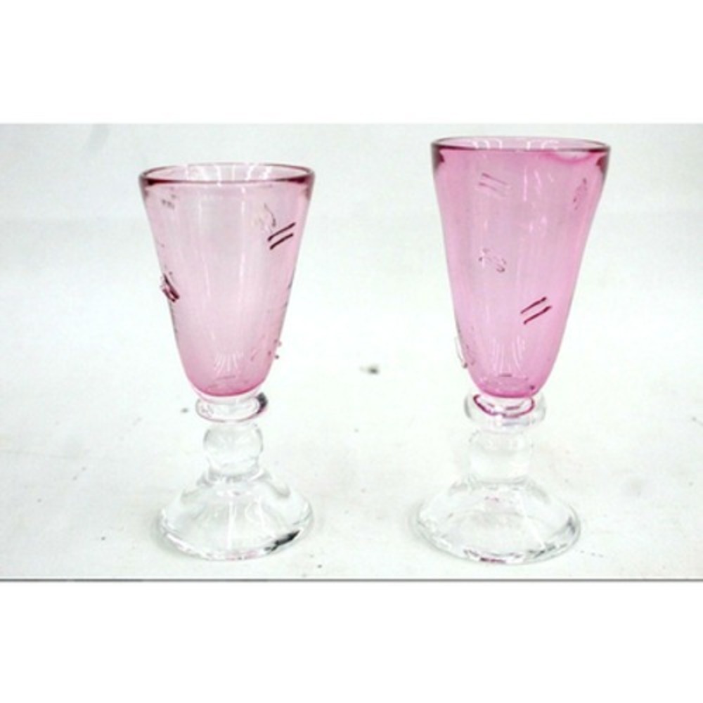 Two Art Glass Cordials Pink Rose Handmade '85 Signed Dated with Fused Pattern